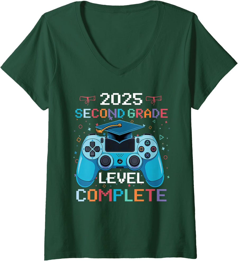 Women's 2nd Grade Level Complete Video Gamer Boy Graduation V-Neck T-Shirt - Dark Green