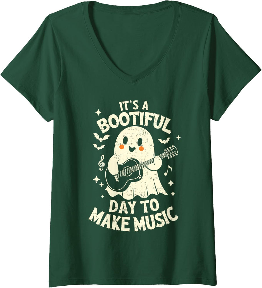 Womens It's A Bootiful Day To Make Music Halloween Music Teacher V-Neck T-Shirt - Dark Green