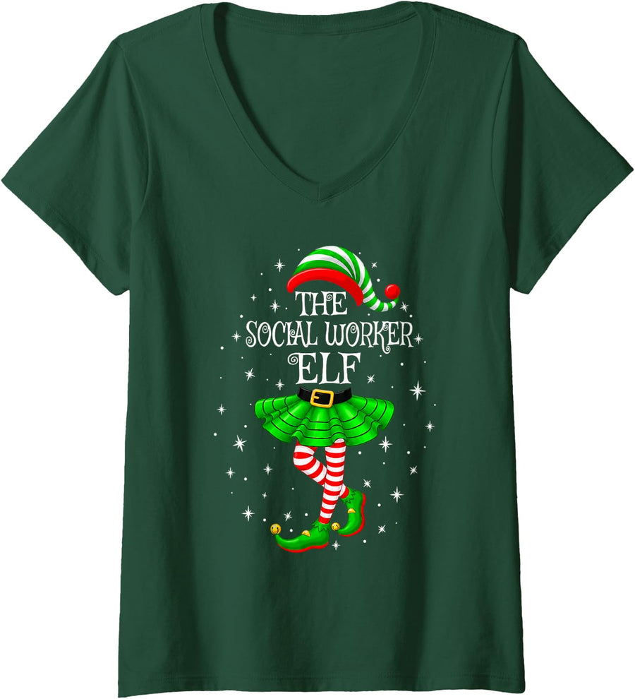 Women's Social Worker Elf Christmas Matching Men Women Xmas Holiday V-Neck T-Shirt - Dark Green