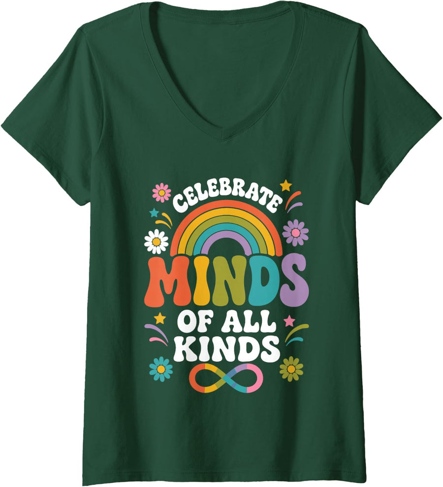 Women's Celebrate Minds of All Kinds Retro Rainbow Autism SPED V-Neck T-Shirt - Dark Green