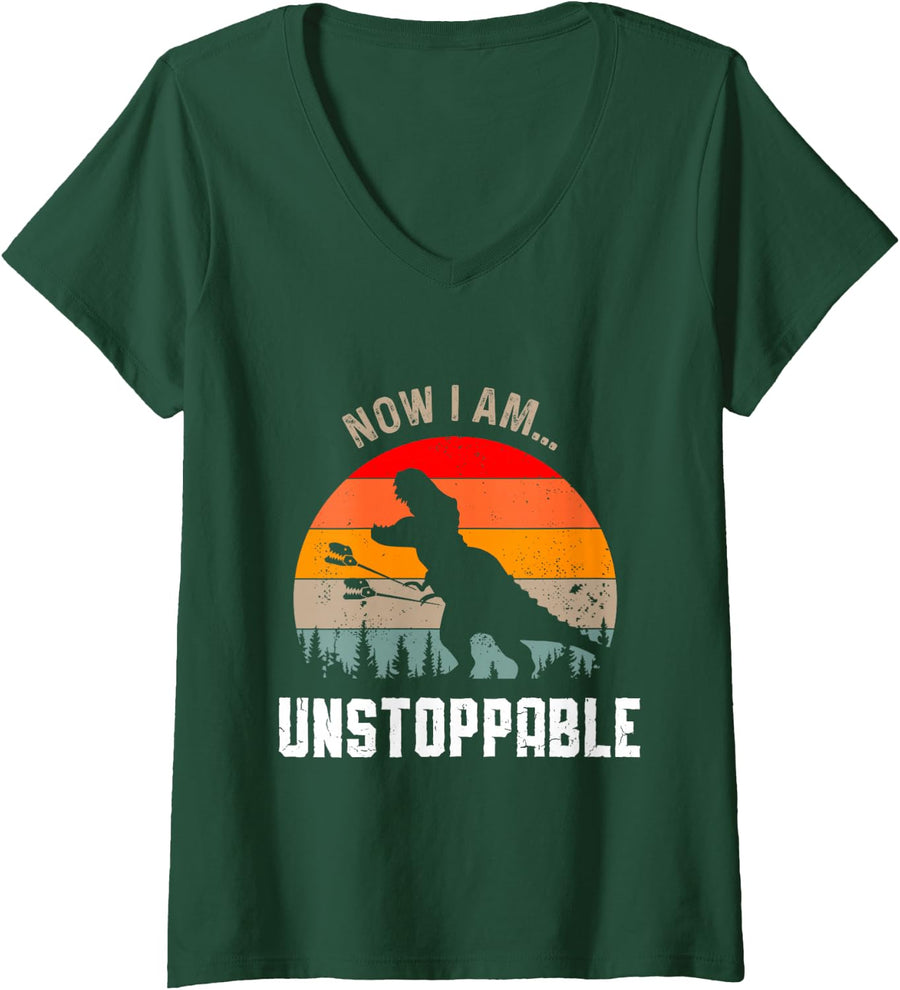 Women's Now I Am Unstoppable Funny T-Rex Dinosaur Grabbing Stick V-Neck T-Shirt - Dark Green