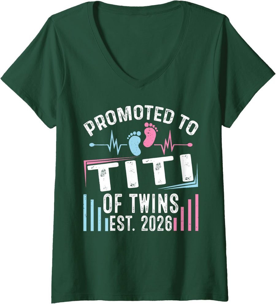 Women's Promoted to Titi of Twins Est 2026 Baby Shower V-Neck T-Shirt - Dark Green