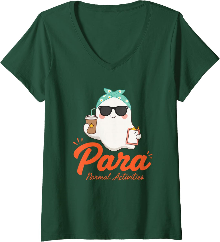 Women's Funny para Normal Activities SPED Teacher Halloween Ghost V-Neck T-Shirt - Dark Green