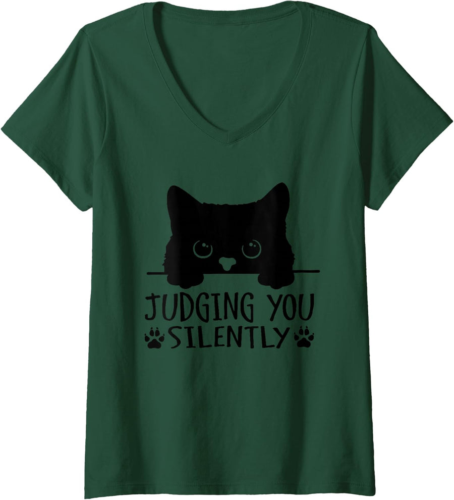 Women's Funny Black Cat Judging You Silently Sarcastic Cat Mom V-Neck T-Shirt - Dark Green