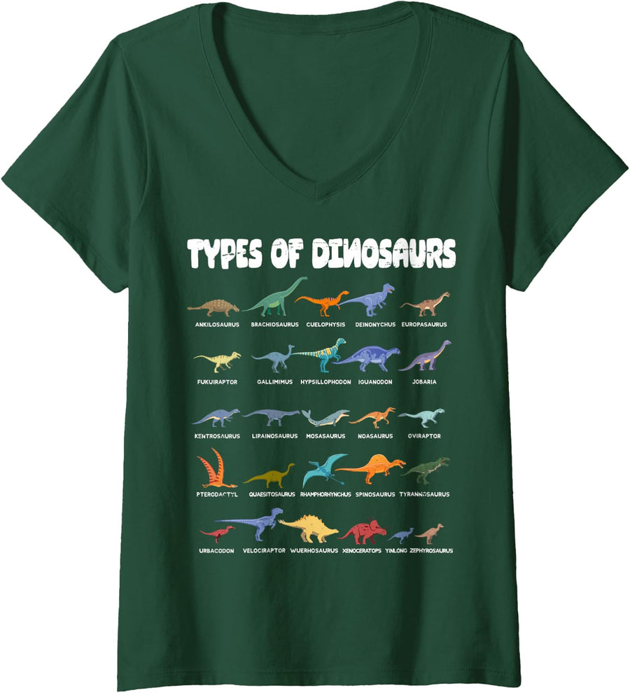 Women's Types of Dinosaurs Dino Identification Chart with Names V-Neck T-Shirt - Dark Green