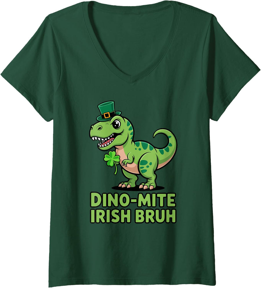 Women's Dino-mite Irish Bruh St Patricks Day T-Rex Dinosaur Boys V-Neck T-Shirt - Dark Green