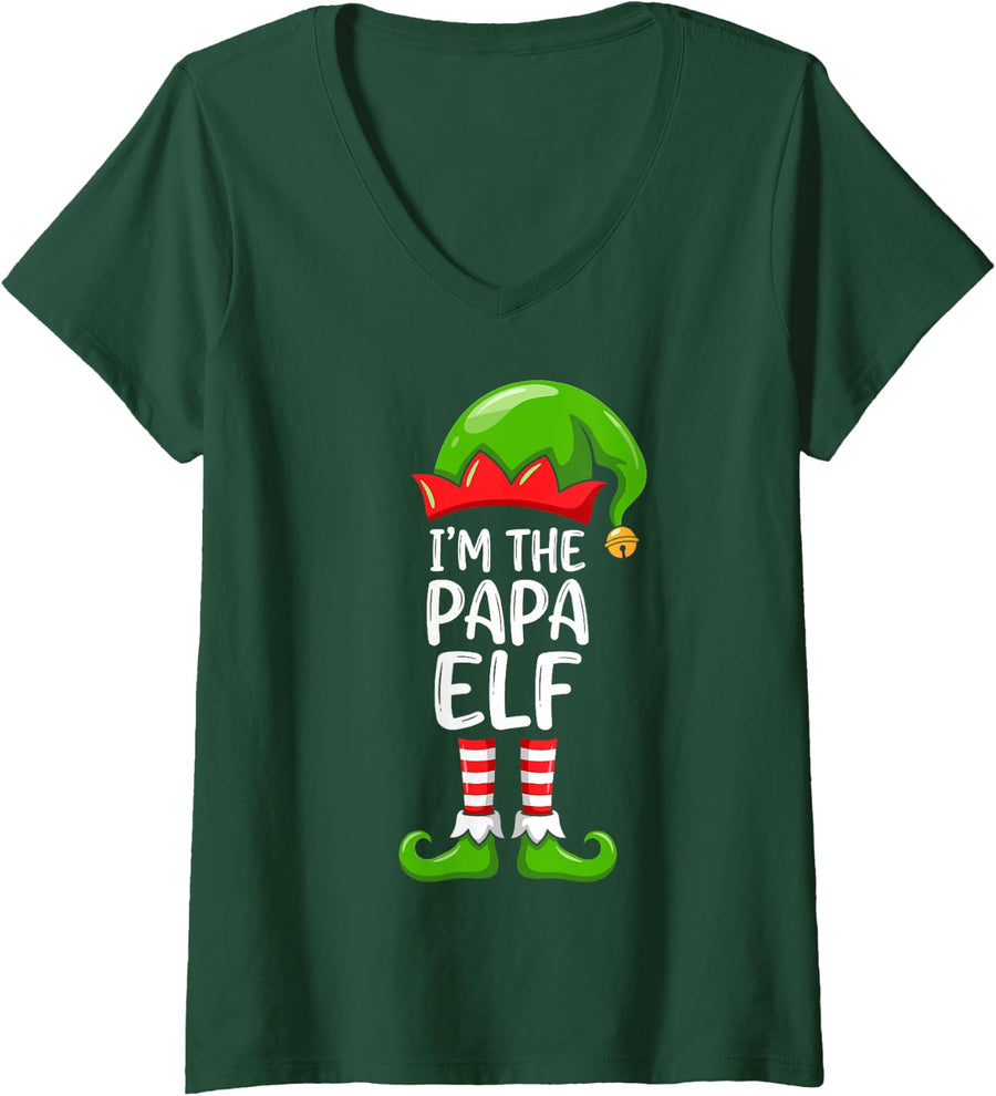 Women's I'm the Papa Elf Funny Santa's Helper Matching Christmas V-Neck T-Shirt - Dark Green