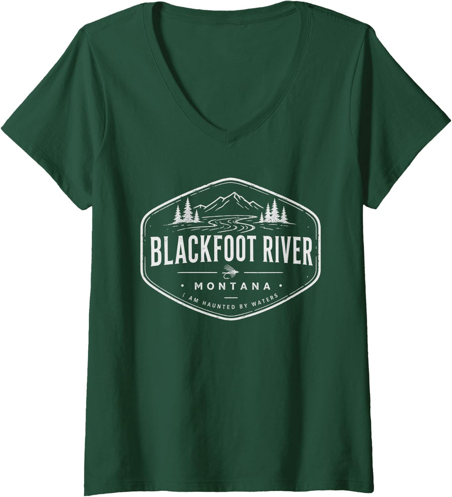Women's Blackfoot River Montana Fly Fishing V-Neck T-Shirt - Dark Green