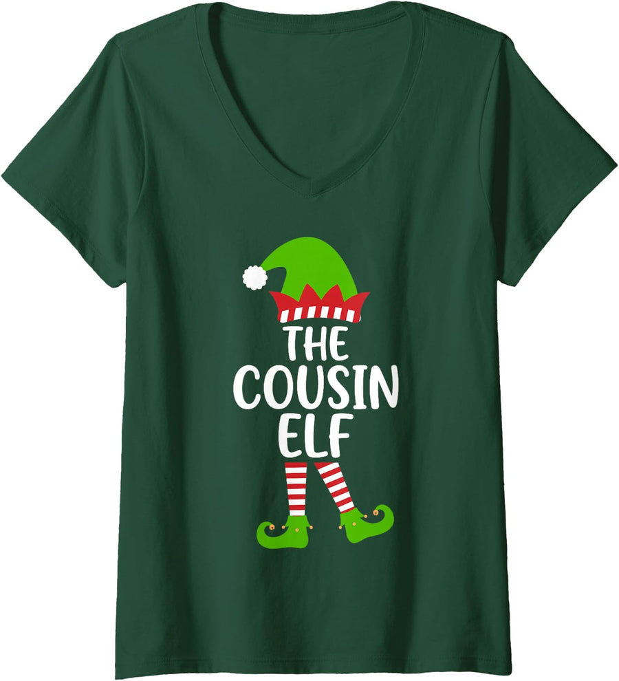 Women's I'm the Cousin Elf Holiday Xmas Party Matching Family Group V-Neck T-Shirt - Dark Green