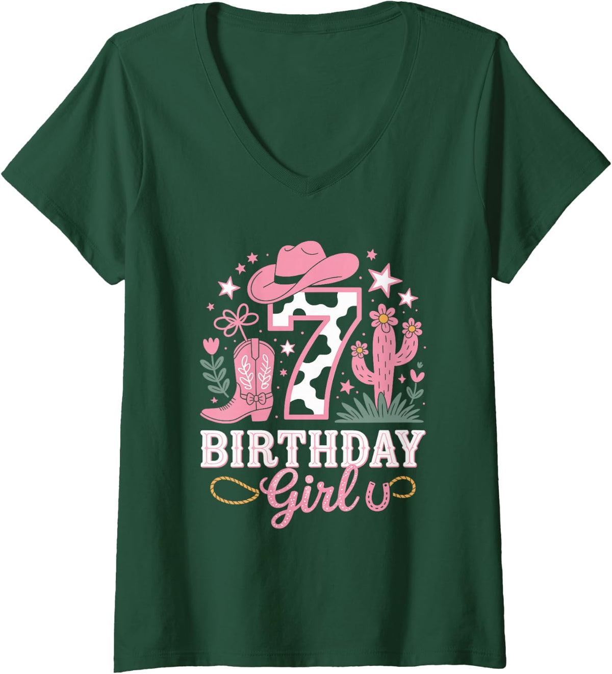 Women's 7th Birthday Cowgirl Rodeo Boots Seven Years Old Western V-Neck T-Shirt - Dark Green