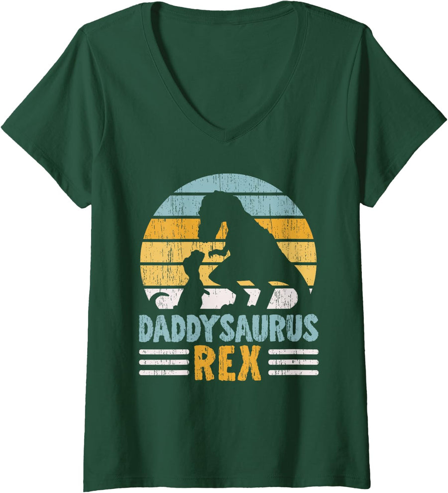 Women's Daddysaurus Rex Fatherhood Best Dad Ever Fathers Day Dino V-Neck T-Shirt - Dark Green