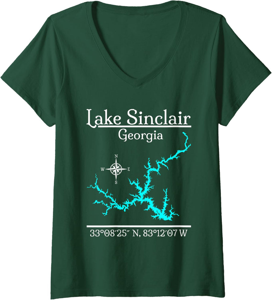 Womens Lake Sinclair - Georgia V-Neck T-Shirt - Dark Green