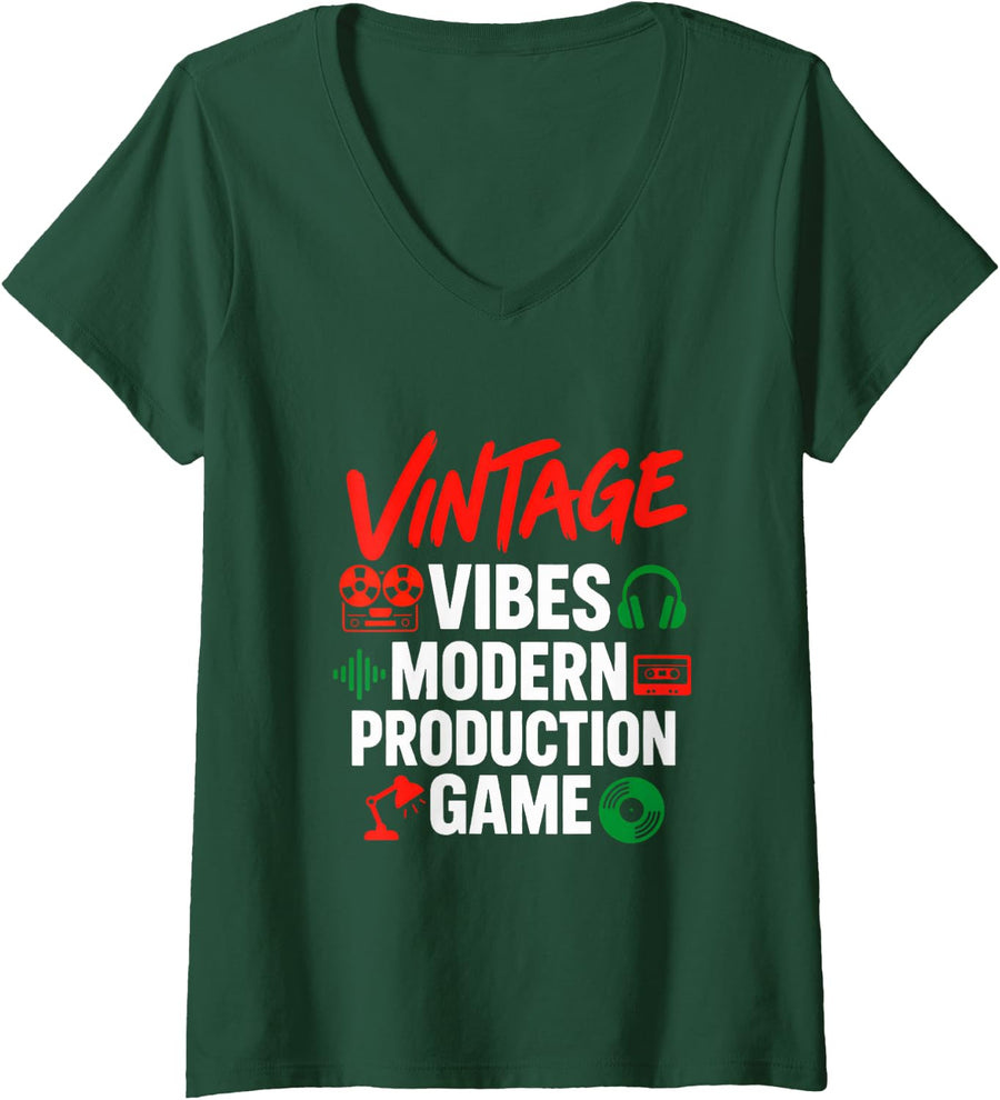 Women's Vintage Vibes Modern Production Game Synthwave Producer V-Neck T-Shirt - Dark Green