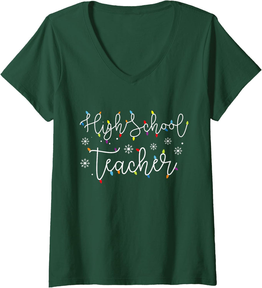 Women's Cute Christmas High School Teacher X-mas Light Festive V-Neck T-Shirt - Dark Green