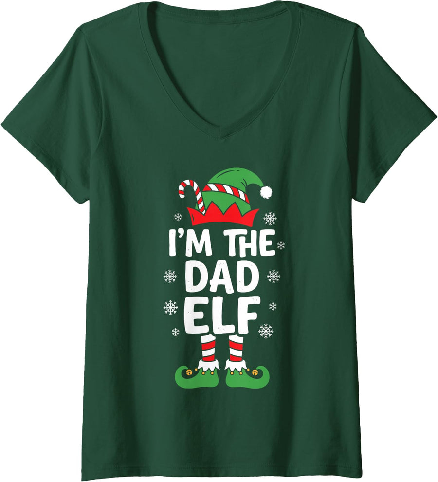 Women's I'm the Dad Elf Cute Christmas Pajama Party Family Group V-Neck T-Shirt - Dark Green