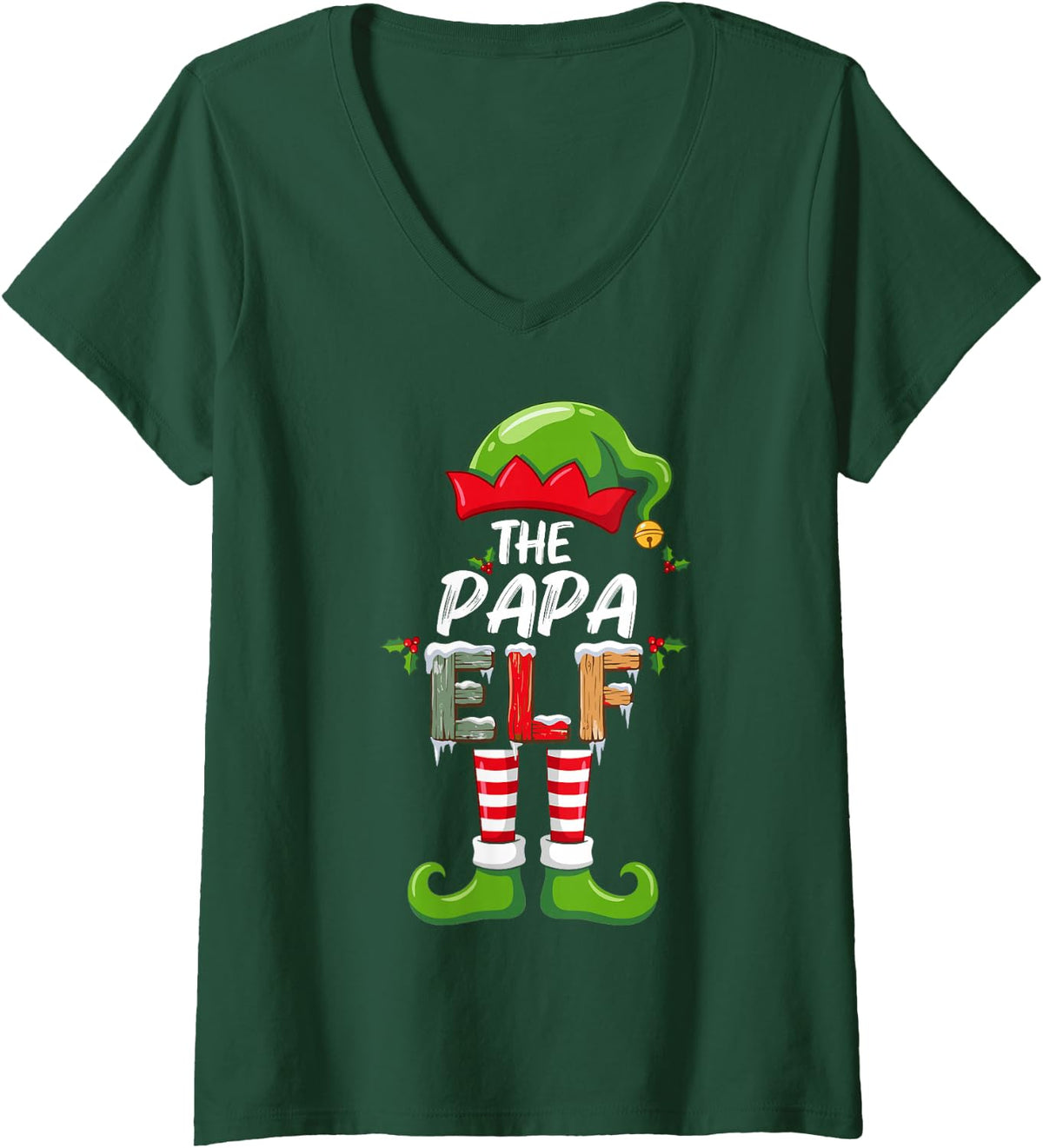 Women's The Papa Elf Christmas Morning Matching Family Crew V-Neck T-Shirt - Dark Green