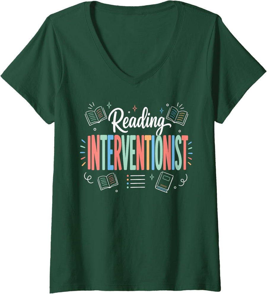 Women's Retro Reading Interventionist Literacy Specialist Design V-Neck T-Shirt - Dark Green