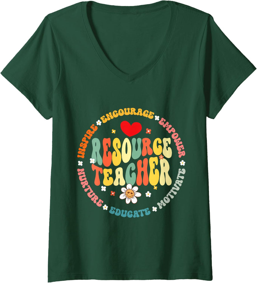 Women's Resource Teacher Team Special Education IEP Teaching Squad V-Neck T-Shirt - Dark Green
