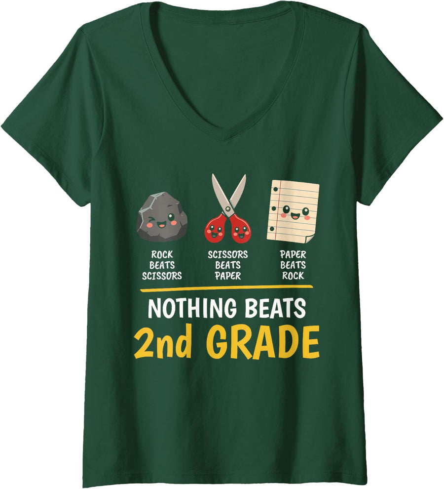 Women's Nothing Beats 2nd Grade Cute Rock Paper Scissors V-Neck T-Shirt - Dark Green