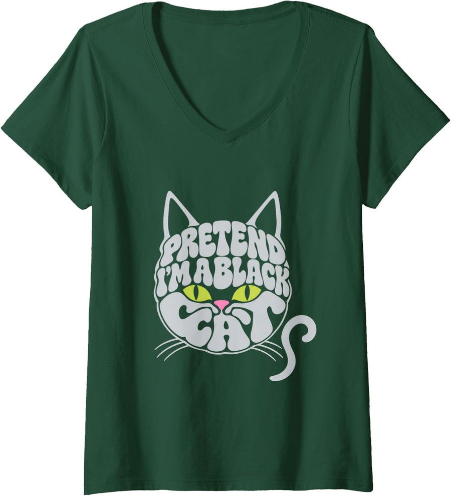 Women's Pretend I'm a Black Cat Easy Halloween Costume Cat Lady V-Neck T-Shirt - Dark Green
