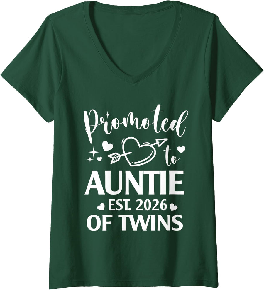 Women's Promoted to Auntie of Twins Est 2026 Heart Gender Reveal V-Neck T-Shirt - Dark Green