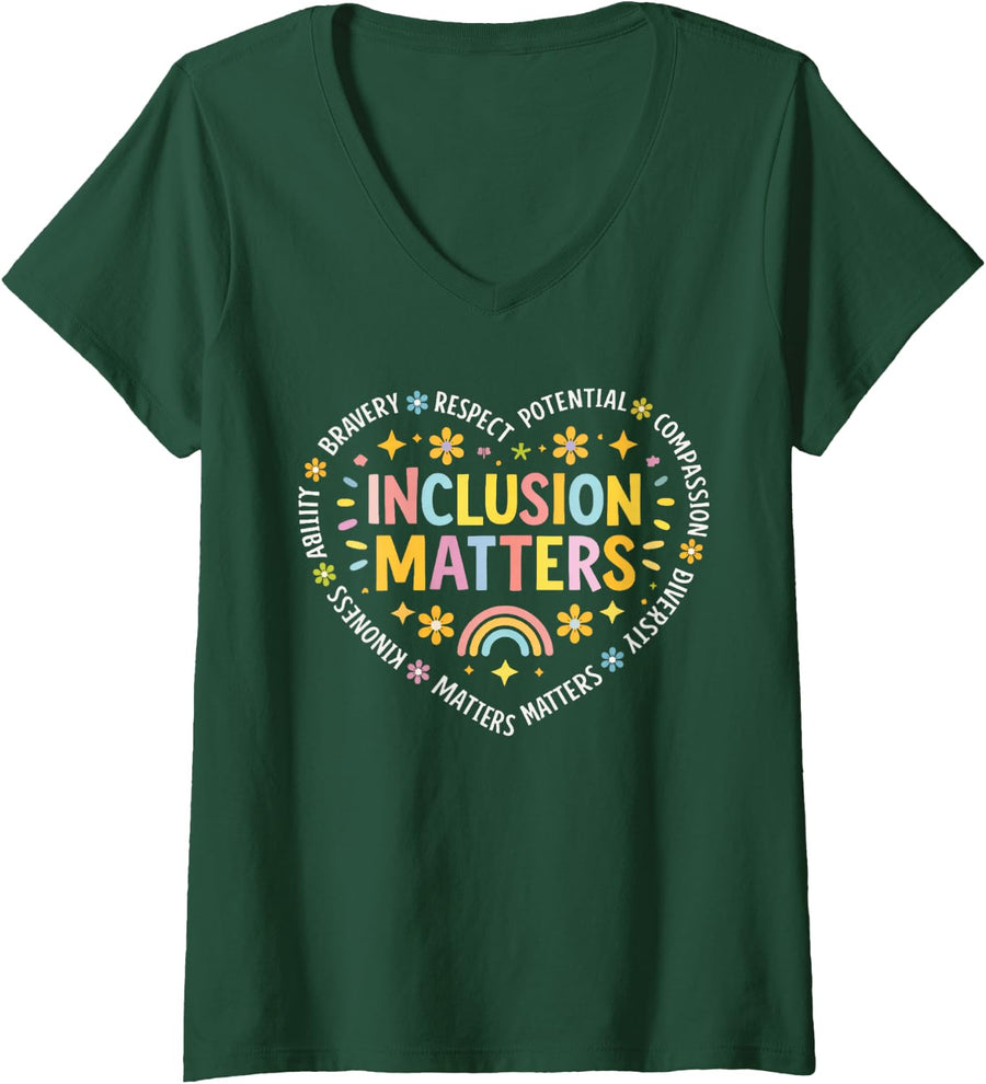 Women's Inclusion Matters Special Education Teacher Autism Awareness V-Neck T-Shirt - Dark Green