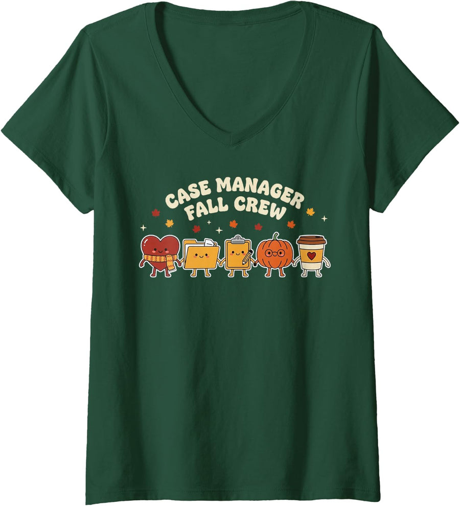 Women's Case Manager Fall Crew Pumpkin Clipboard V-Neck T-Shirt - Dark Green