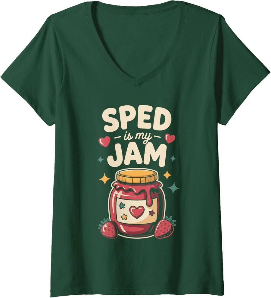 Women's SPED is My Jam Special Education Teacher V-Neck T-Shirt - Dark Green