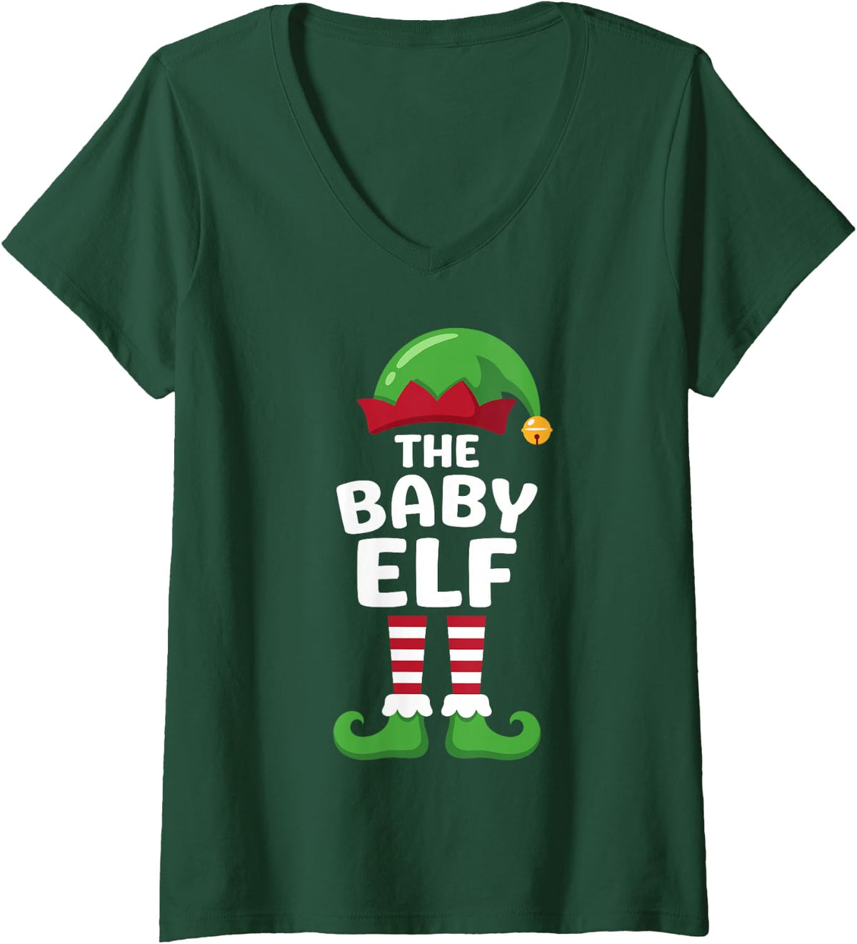 Women's The Baby Elf Matching Family Christmas 2026 Holiday Crew V-Neck T-Shirt - Dark Green