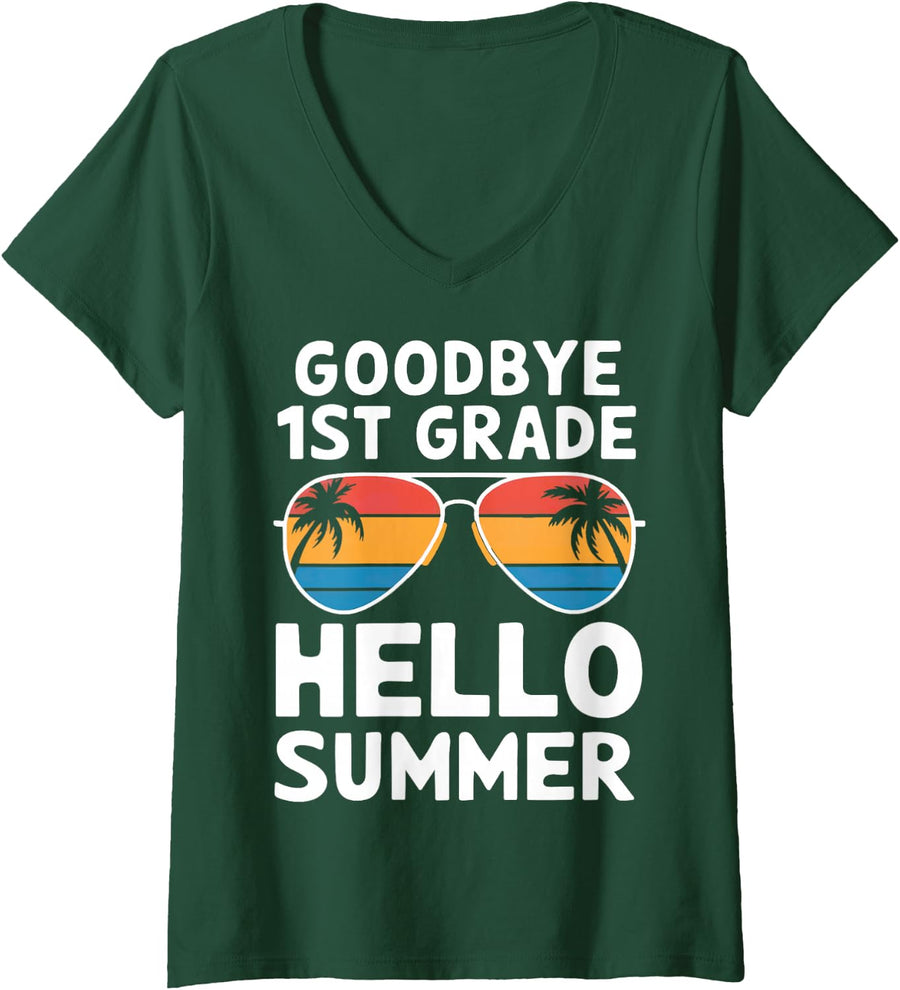 Women's Hello 2nd Grade Goodbye 1st Grade Graduation Gifts for Kids V-Neck T-Shirt - Dark Green