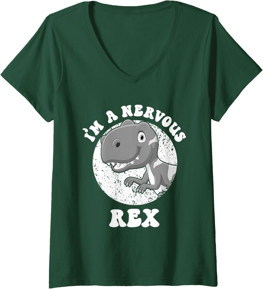 Women's I'm A Nervous Rex Funny Dinosaur V-Neck T-Shirt - Dark Green