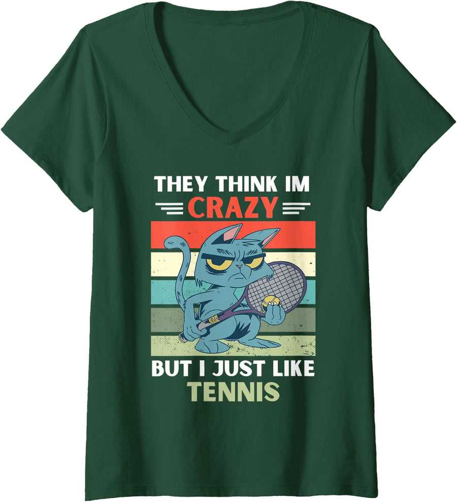 Women's Vintage Cat They Think Im Crazy But I Just Like Tennis Lover V-Neck T-Shirt - Dark Green