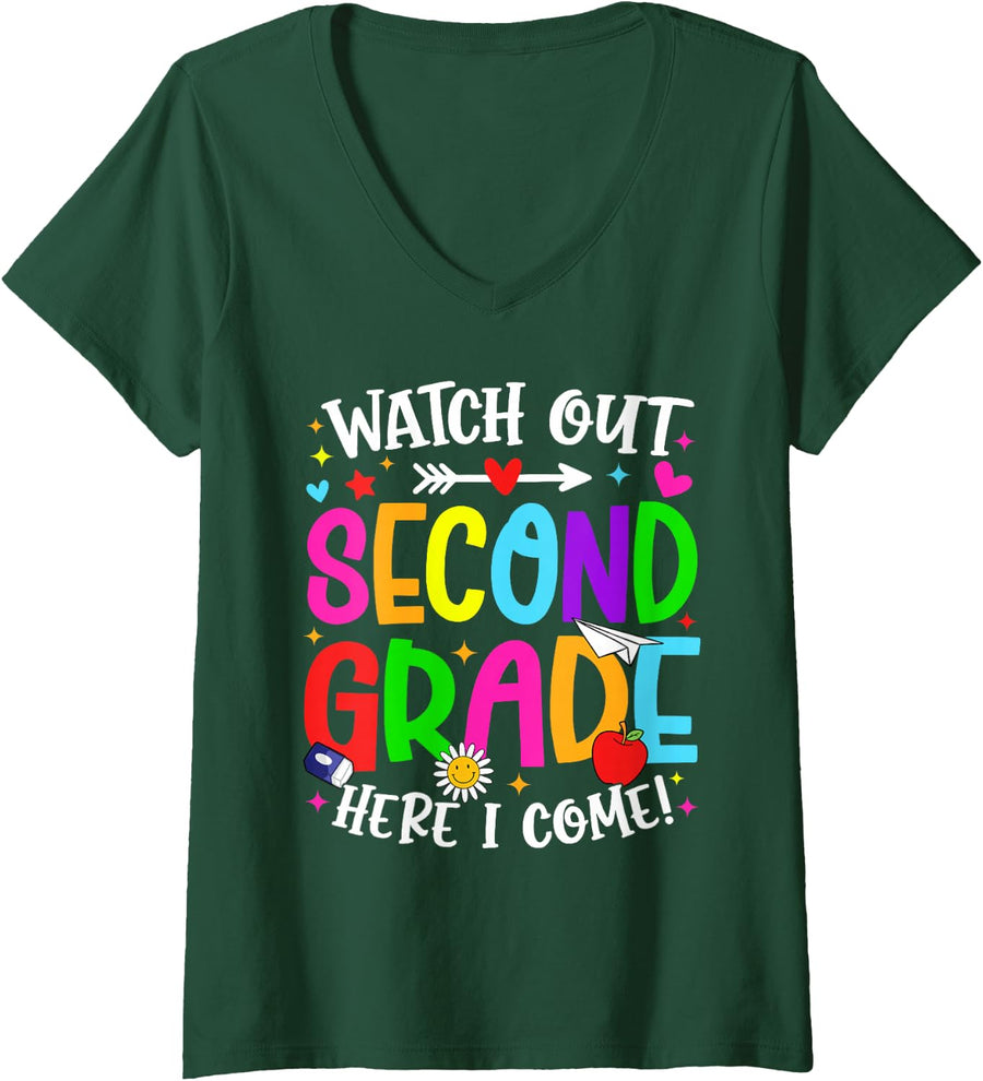 Women's Back to School Watch Out 2nd Grade Here I Come Kids V-Neck T-Shirt - Dark Green