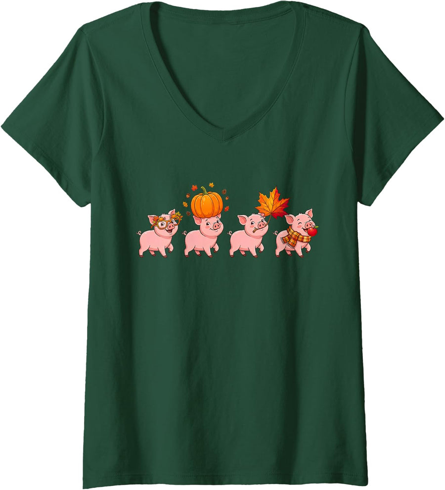 Women's Autumn Pumpkin Fall Pig Thanksgiving Womens Mens Kids V-Neck T-Shirt - Dark Green