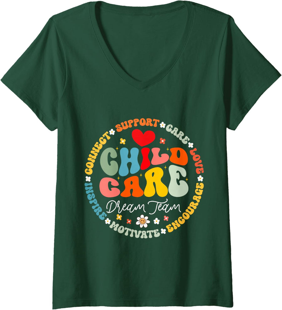 Women's Childcare Dream Team Daycare Crew School Provider Teacher V-Neck T-Shirt - Dark Green
