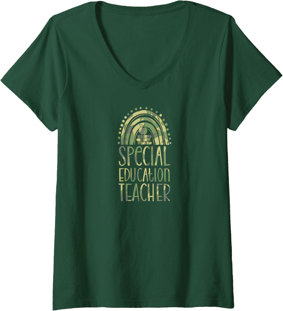 Women's Special Education Teacher Bohemian Rainbow Wholesome V-Neck T-Shirt - Dark Green
