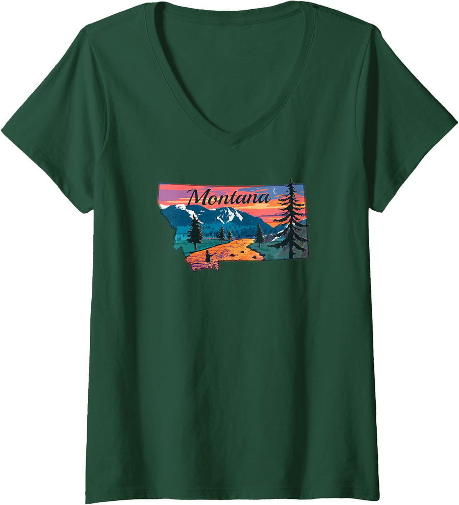 Women's Montana Fly Fishing Retro Sunset State Outline V-Neck T-Shirt - Dark Green