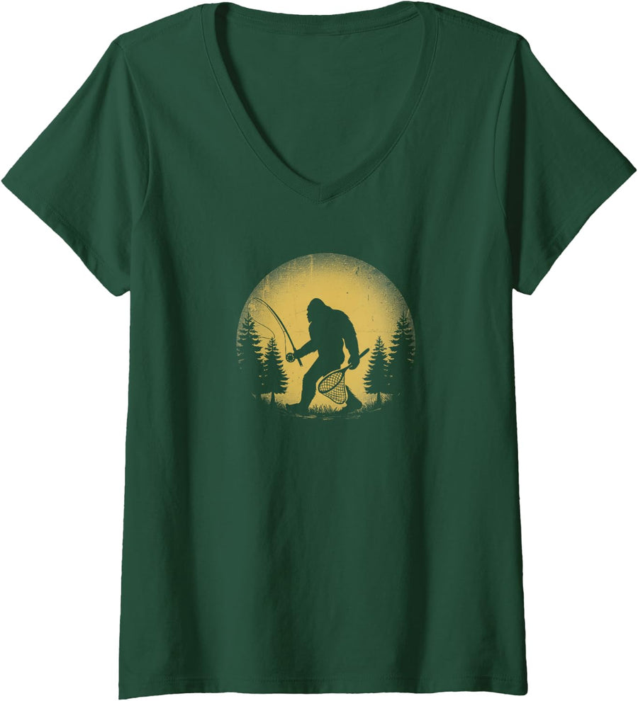 Women's Funny Bigfoot Trout Fly Fishing Sasquatch Graphic Vintage V-Neck T-Shirt - Dark Green