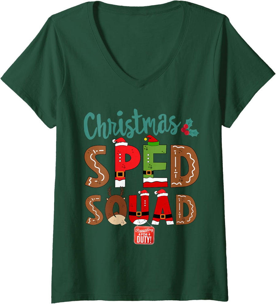 Women's Christmas SPED Squad Teacher School Assistant SPED para Crew V-Neck T-Shirt - Dark Green