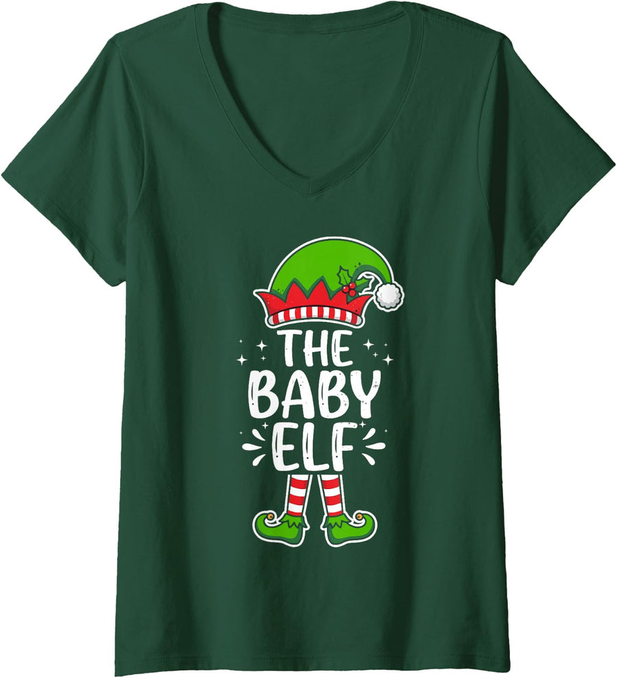 Women's I'm the Baby Elf Christmas Costume Funny Matching Family V-Neck T-Shirt - Dark Green