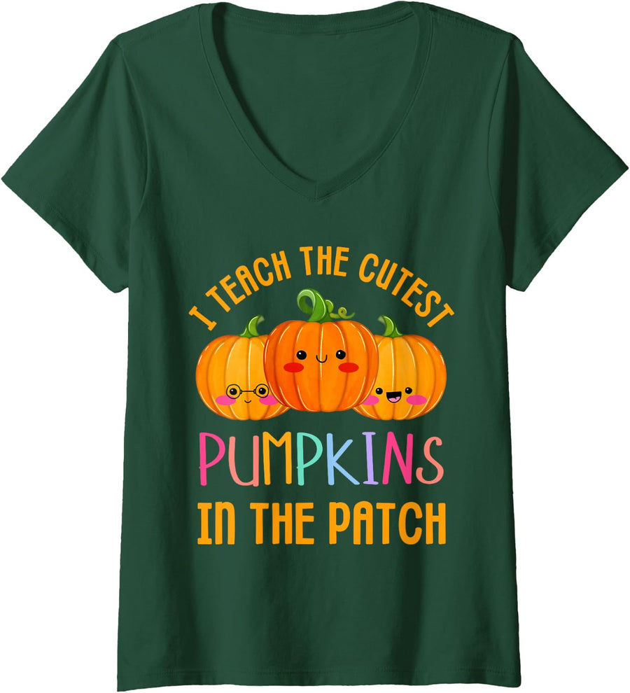 Womens I Teach The Cutest Pumpkins in The Patch Halloween Teacher V-Neck T-Shirt - Dark Green