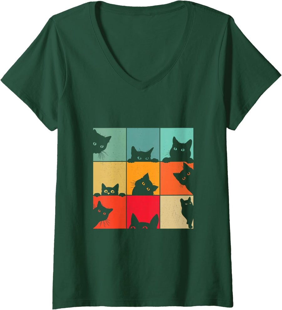 Women's Funny Retro Vintage Curious Black Cat for Cats Lover V-Neck T-Shirt - Dark Green