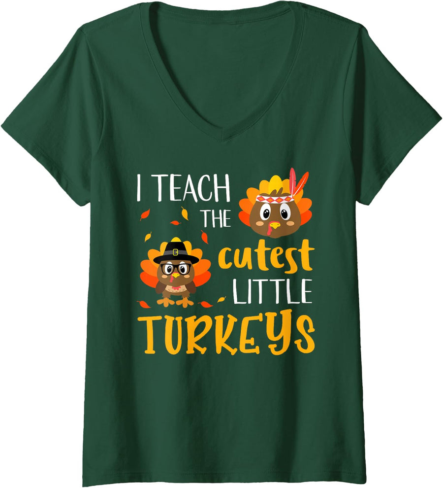 Women's Womens Thanksgiving Shirt I Teach The Cutest Turkeys V-Neck T-Shirt - Dark Green