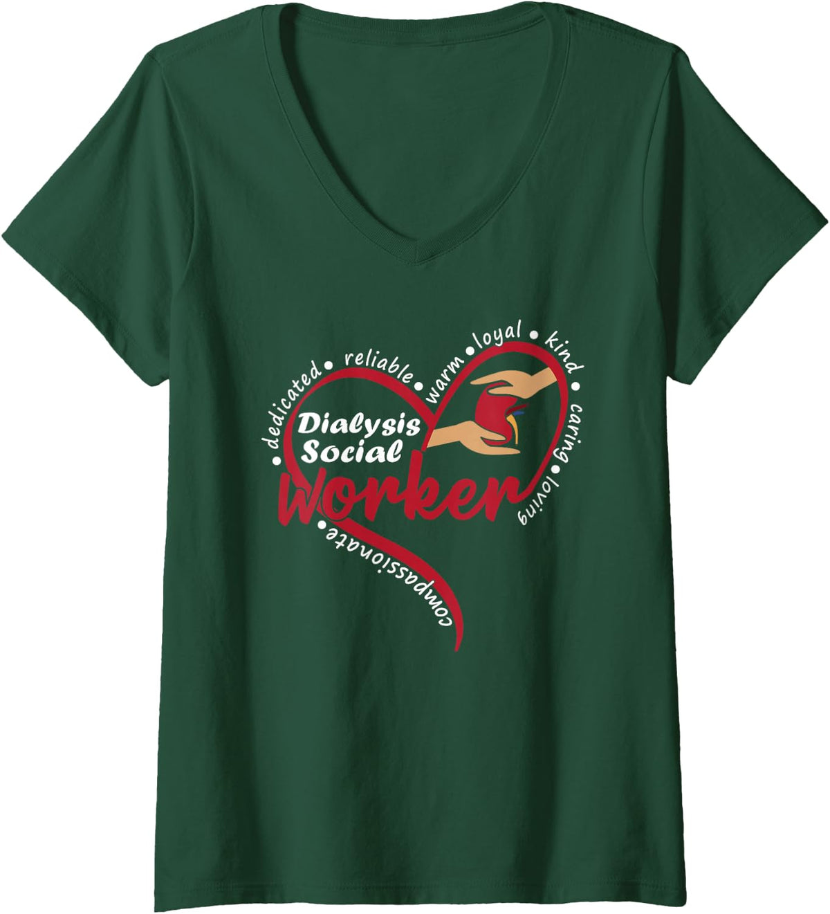 Women's Dialysis Social Worker Kidney Renal Heart V-Neck T-Shirt - Dark Green