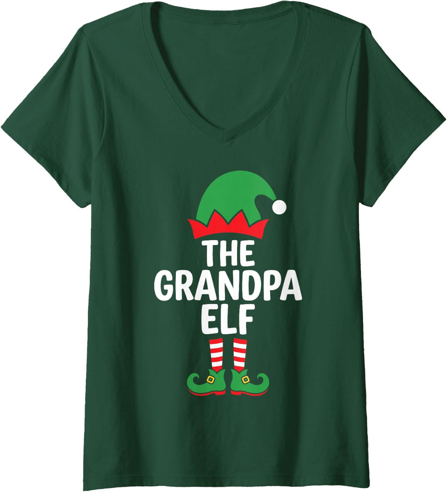 Women's The Grandpa Elf Cute Christmas Eve Matching Family V-Neck T-Shirt - Dark Green