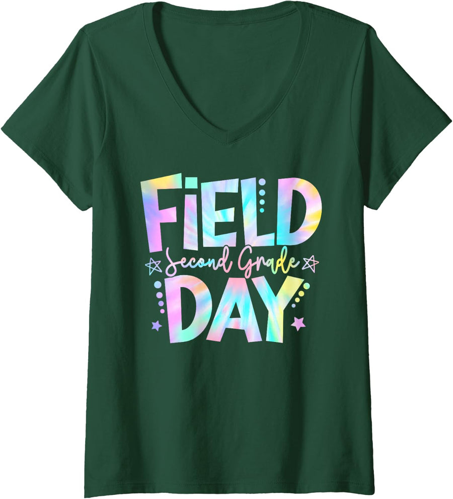 Women's 2nd Grade Field Day 2025 Let The Games Begin Kids Teachers V-Neck T-Shirt - Dark Green