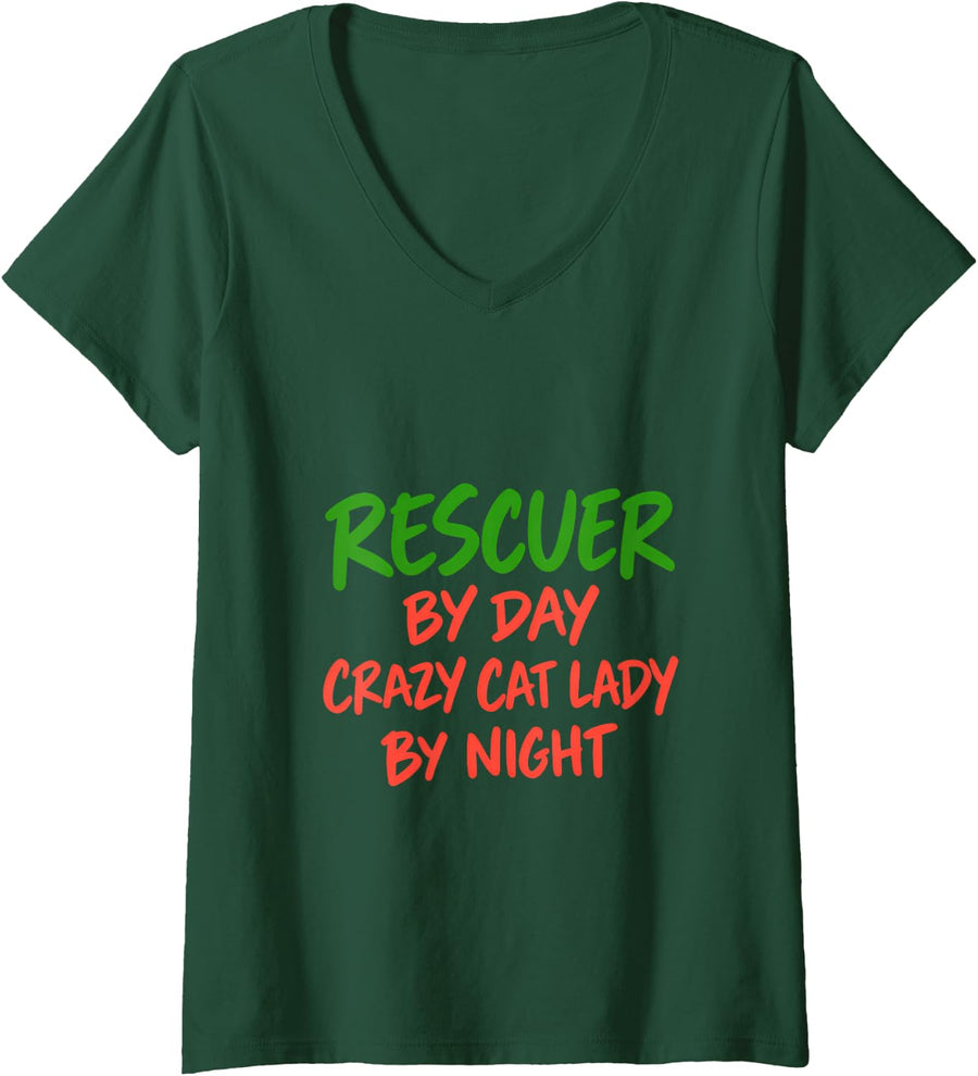 Women's Rescuer By Day Crazy Cat Lady By Night Funny V-Neck T-Shirt - Dark Green