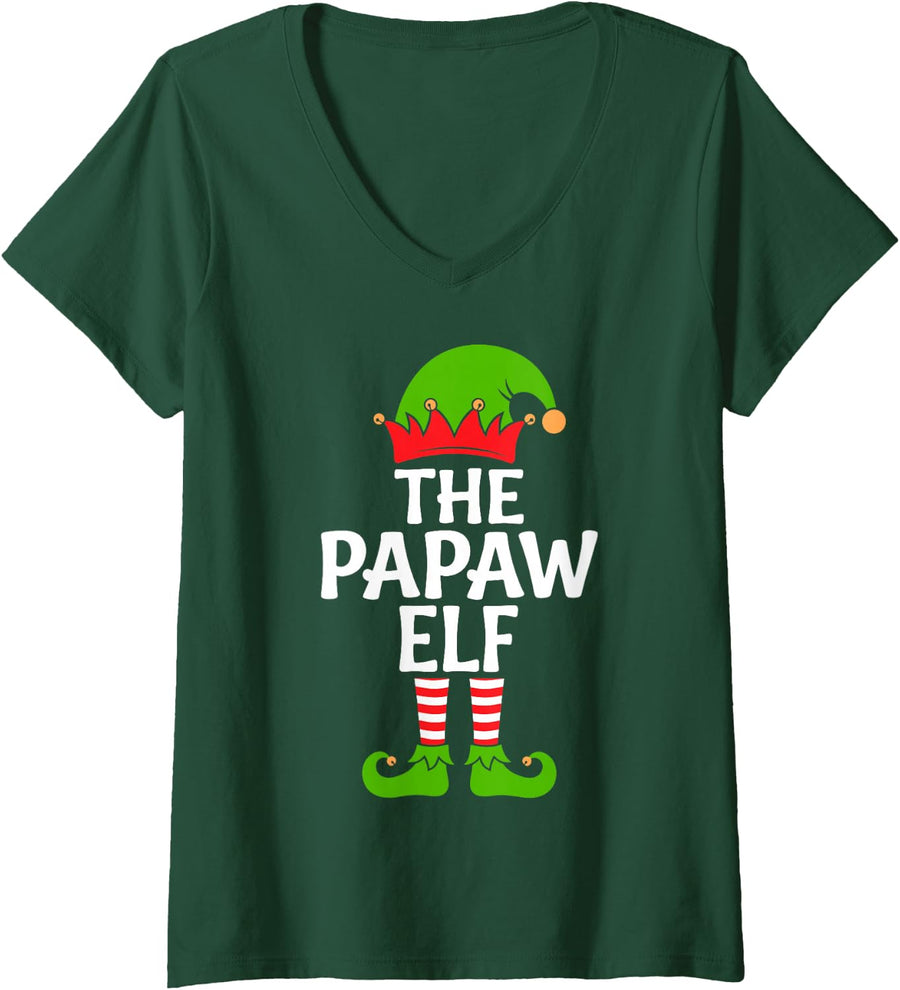 Women's I'm the Papaw Elf Funny Christmas Eve Matching Family Team V-Neck T-Shirt - Dark Green