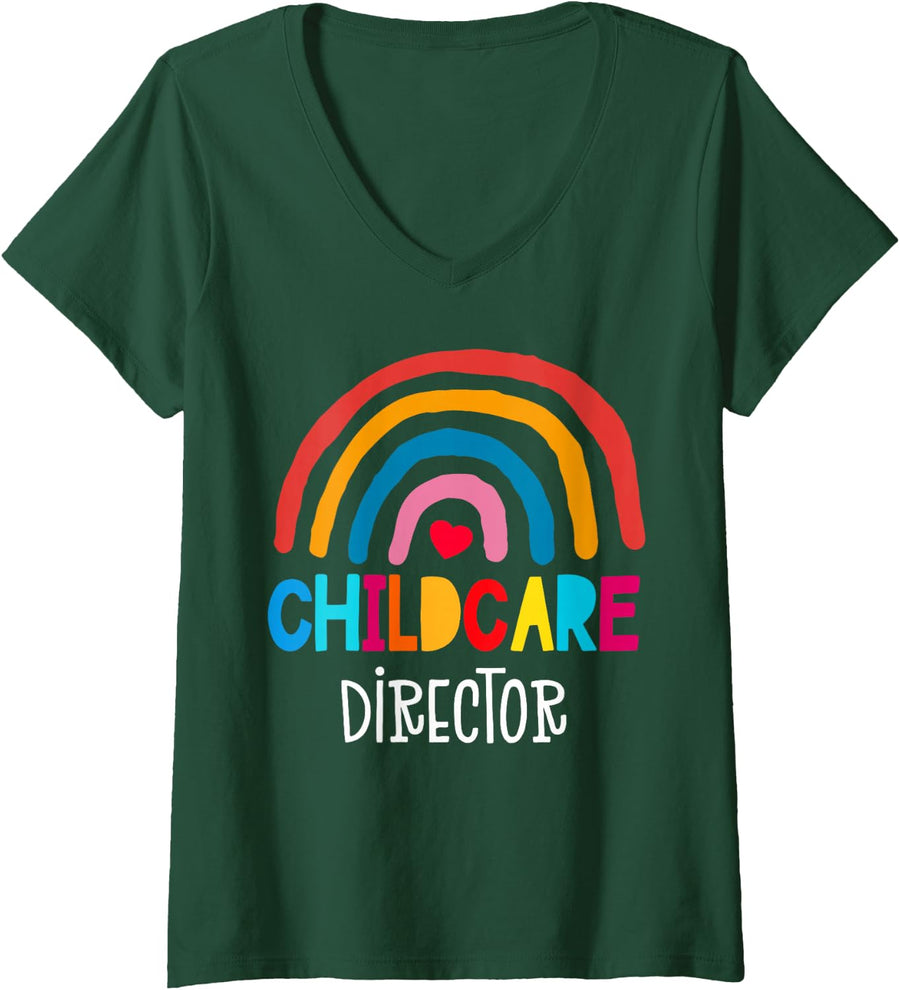Women's Childcare Director Daycare Crew School Provider Teacher V-Neck T-Shirt - Dark Green