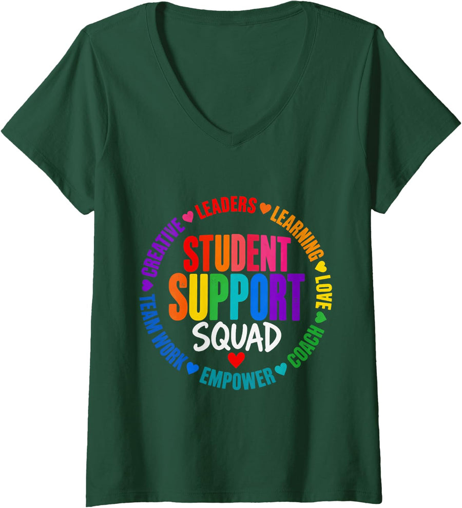 Women's Student Support Squad Staff Educator School Advisor Workers V-Neck T-Shirt - Dark Green
